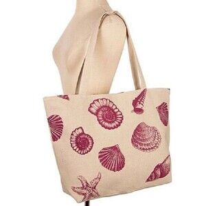 Seashell Print Canvas Zip Top Tote Bag Coastal Beach Nautical